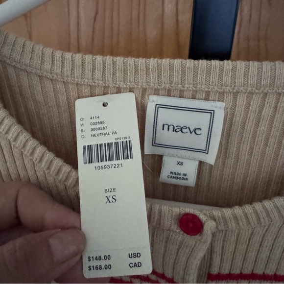 Maeve Sweetheart Cream Ribbed long sleeve crew neck Cardigan sweater XS - Picture 5 of 10